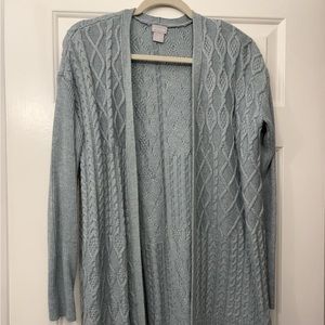 Chicos long cableknit cardigan.